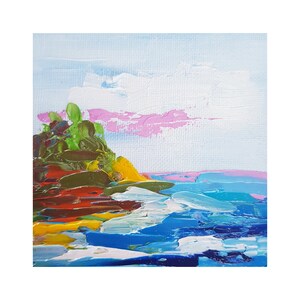 Peinture de paysage miniature à l'huile 4 x 4 po, peinture de paysage marin 3D empâtement BURLEIGH HEAD du parc national, art du Queensland par Ira Gorky