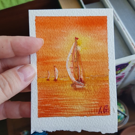 Tiny Watercolor Seascape Painting, Boat original art, Gifts for Fishermen Mini painting, ACEO original card 3.5" x 2.5" by Ira Gorky