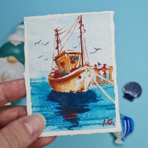 Winzige Aquarell Malerei Meerlandschaft, Boot original Kunst, Geschenke für Fischer Mini Gemälde, ACEO original Karte 3,5 x 2,5 Zoll von Ira Gorky
