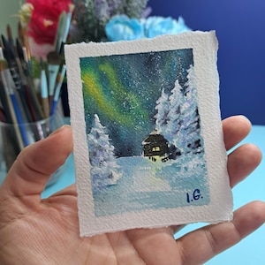 Winzige Nachthimmel Aquarell Malerei AURORA BOREALIS Kunst, ACEO original Karte 3,5 "x 2,5" Mini Puppenhaus Kunstwerk, Nordhimmel Kunst von Ira Gorky