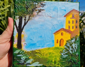Tuscany Italy Landscape painting, Italian Mediterranean wall art, Countryside farmhouse on mini canvas 3D painting, Small textured painting