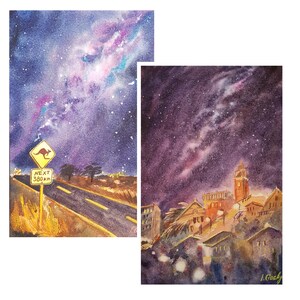 Town Painting, Watercolor Night Sky Landscape Painting STARRY NIGHT Sky ...