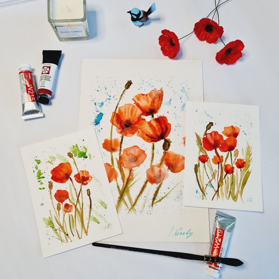 Original Floral painting of POPPY FLOWER, poppy watercolor painting, handmade cards, Choose between postcard and 1 of 3 small paintings