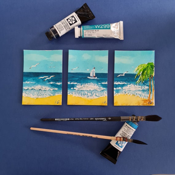 ACEO original card Miniature Watercolor Seascape painting, Original art 3.5 x 2.5 inch Miniature seascape by Australian artist Ira Gorky