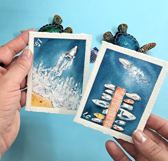 Miniature Watercolor Seascape BOATS painting, Tiny Watercolor 3.5" x 2.5" Original Art,  Ghristmas gifts, ACEO original card by Ira Gorky