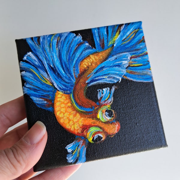 Gold Fish Painting Original Small wall art, Animal painting 4" x 4" Underwater sea life painting by Ira Gorky
