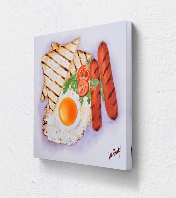 Fried Egg & Sausage Toast Painting: Breakfast Still Life Wall Art