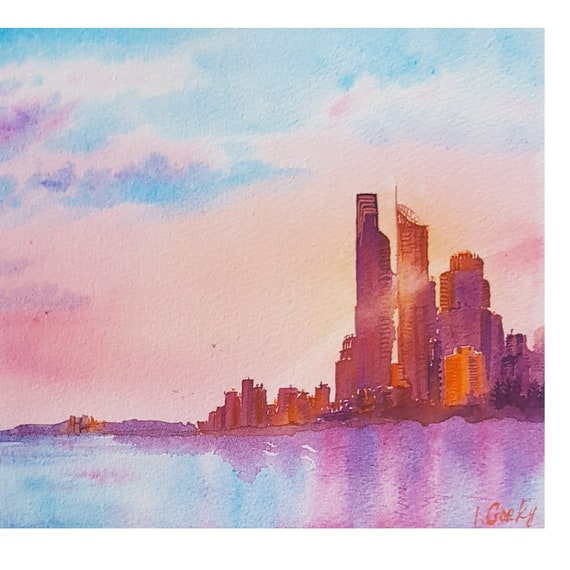 Original watercolor cityscape painting, Surfers Paradise Art, Gold Coast skyline painting by Ira Gorky