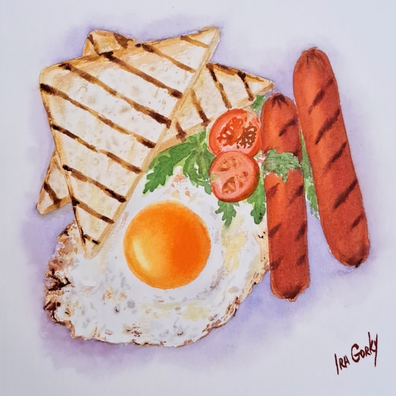 Fried Egg Grilled Sausage Toast still life food painting, Fried Egg BBQ Sausage Toast Ripe Red Tomatoes breakfast wall art by Ira Gorky