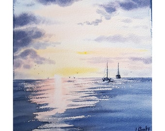 Sunset Sailboat Watercolor Painting: Coastal Seascape Wall Art