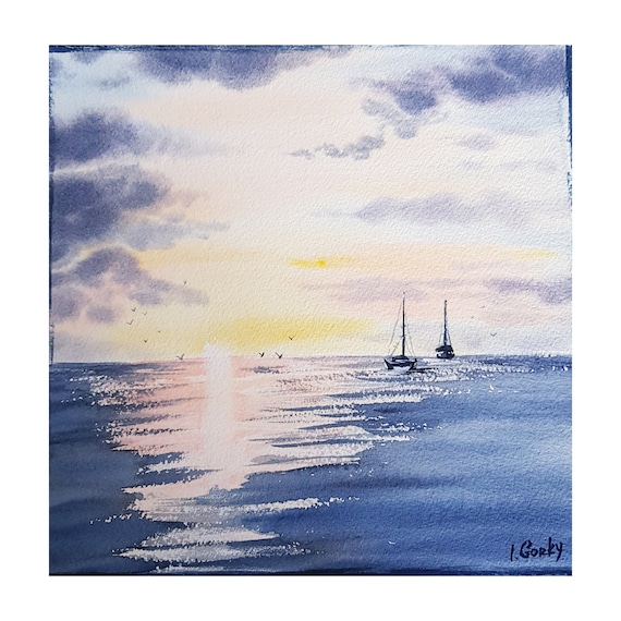 Sunset seascape watercolor painting, Ocean sailboat wall art, Sea watercolour artwork, Sailboat Yachts Painting by Ira Gorky