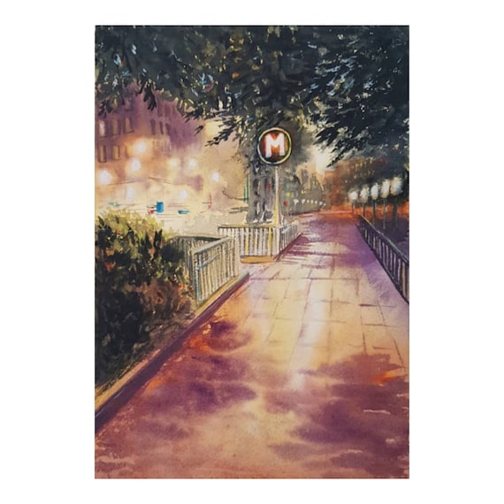 Original Cityscape watercolor painting, commission Night City painting, Great gift to the urbanscape lovers by Australian artist Ira Gorky