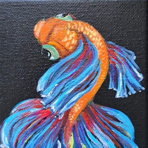 Goldfish Oil Painting Original Small wall art, Animal painting 4 x 4 inches
