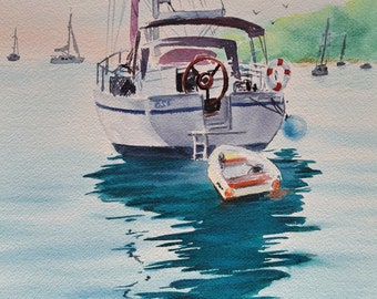 Sailboat Watercolor Painting: Calm Sea Seascape Canvas Art