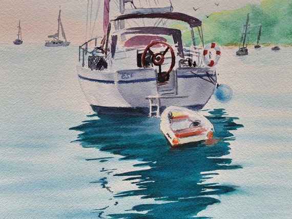 Sailing yacht & Calm sea Watercolour seascape painting by Ira Gorky