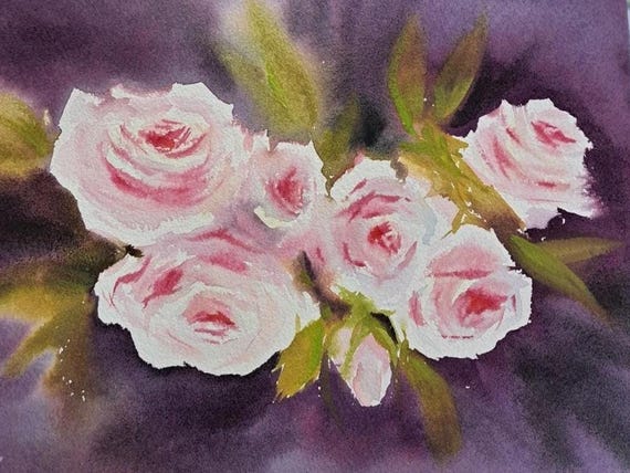 Pink Roses on a Purple background Original watercolor painting, Pink roses wall art, Elegant English roses painted by Ira Gorky