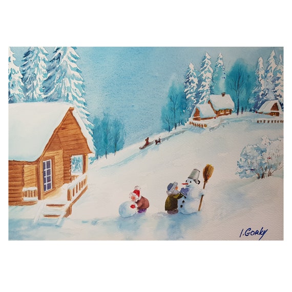 Countryside Nordic Snowy Landscape painting, Original art, Landscape with snowy pine trees and children making snowman