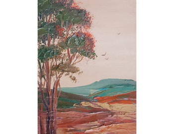 Australian rural landscape 3D impasto painting, Eucalyptus tree painting, Miniature pastoral painting 5" x 7" by Ira Gorky