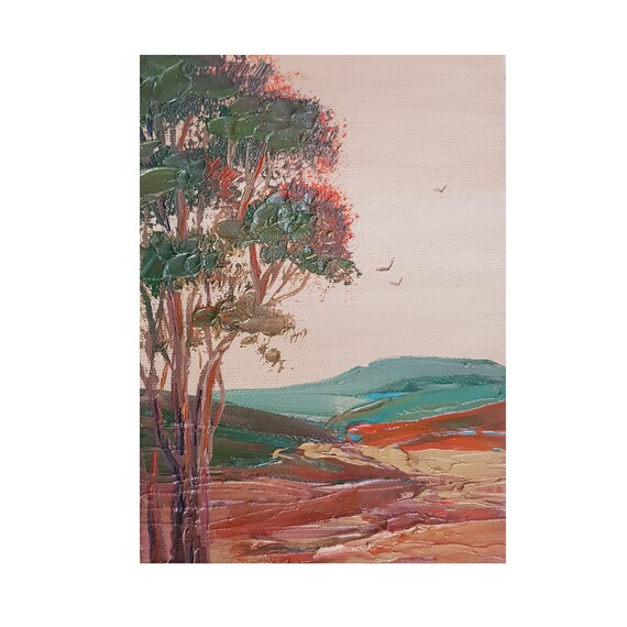 Australian rural landscape 3D impasto painting, Eucalyptus tree painting, Miniature pastoral painting 5 x 7 inch by Ira Gorky