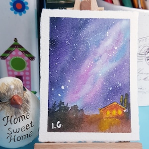 Carte originale ACEO, peinture de paysage NUIT ÉTOILÉE, carte d'art 3,5 x 2,5 pouces, miniature originale Aceo, oeuvre d'art peinte à la main par Ira Gorky