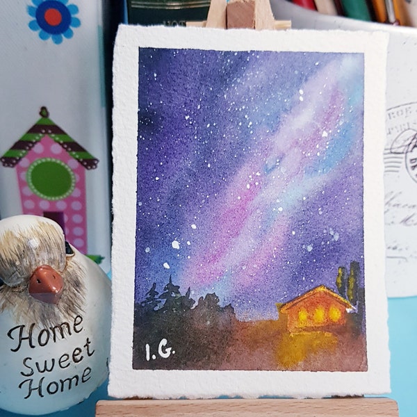 ACEO original card STARRY NIGHT landscape painting, Art card 3.5 by 2.5 inch, Original Aceo Miniature, Hand painted art by Ira Gorky