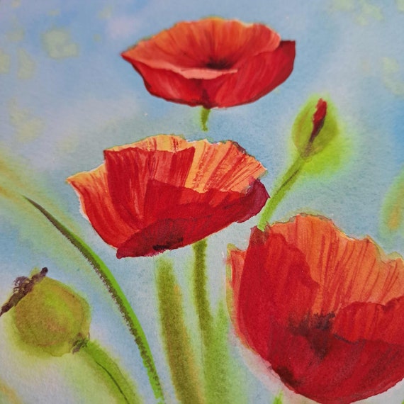Original Floral painting - POPPY FLOWERS - Small watercolor painting 7" x 10"