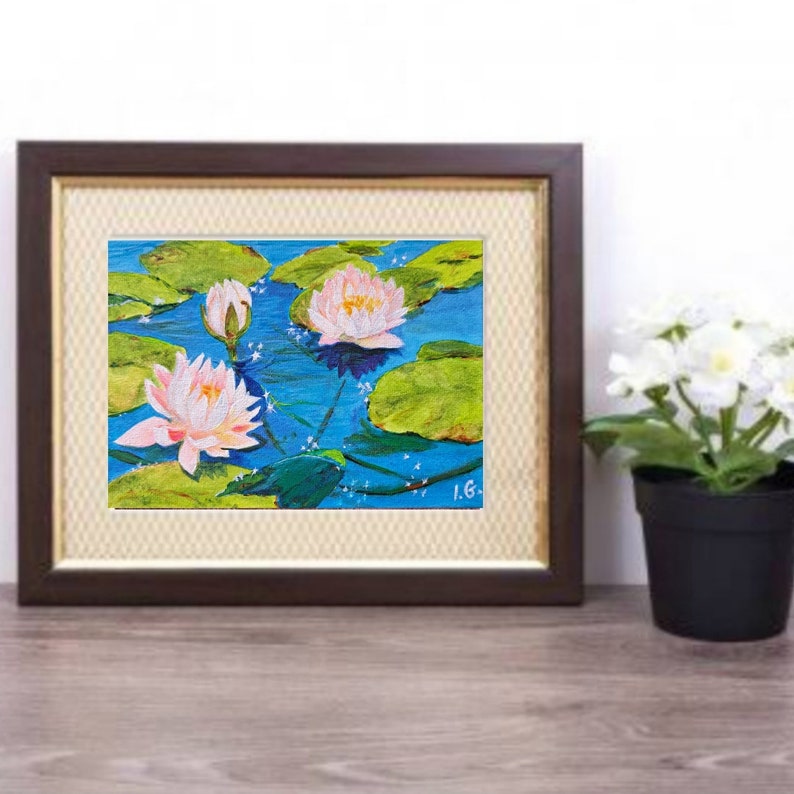 Water Lilies Pond Painting: Original Acrylic Landscape (5"x7") image 7