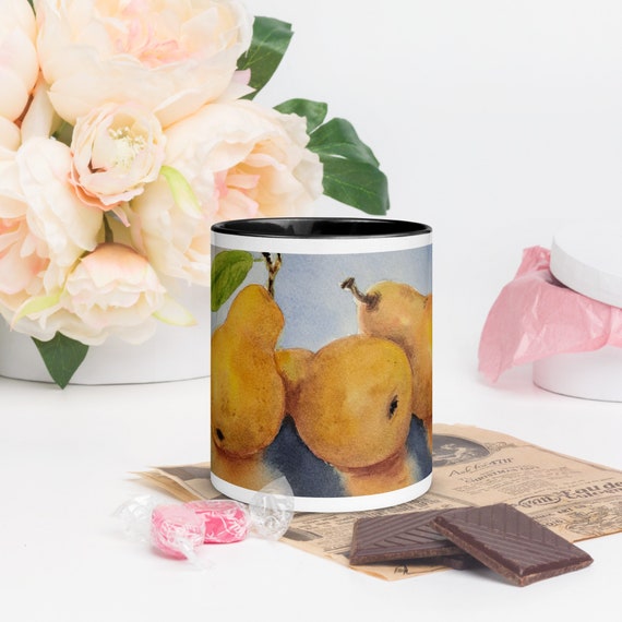 Pear Fruits Mug with Color Inside, Botanical Art on Mug, Best friend gift, Watercolor artwork by Ira Gorky on your mug