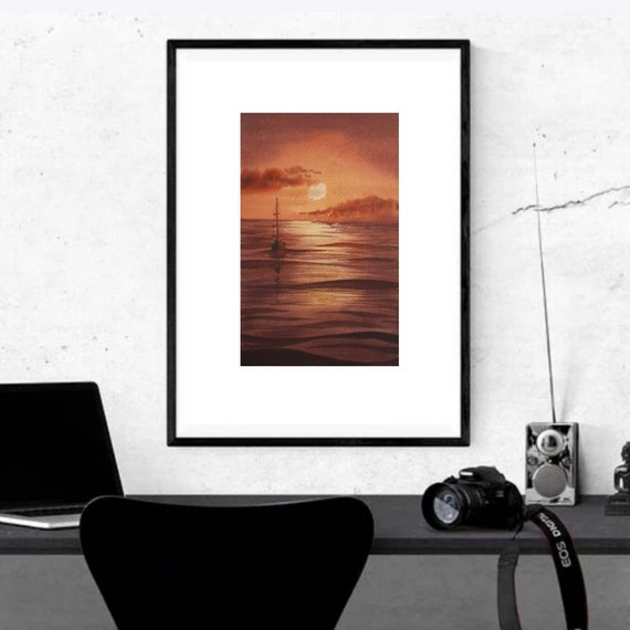 Sailboat Seascape Watercolor Painting: Sunset Ocean Art (5x8 inch)