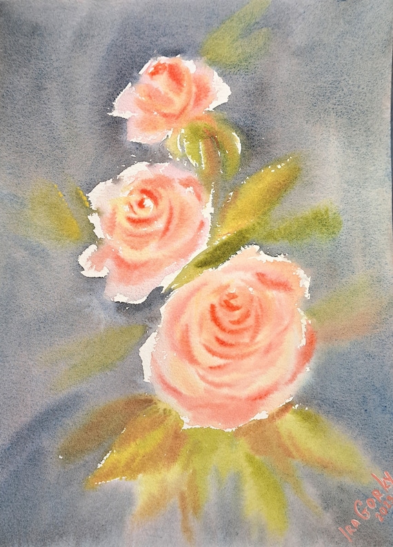 Elegant English Roses, Original watercolor painting 9 x 12 inches by Ira Gorky