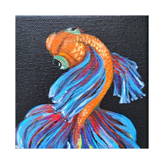 Gold Fish Painting Original Small wall art, Animal painting 4 x 4 inches by Ira Gorky