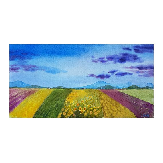 Australian hills Panoramic Landscape Painting, Original Watercolor Painting, Minimalist Farm Field painting, Panoramic wall art by Ira Gorky
