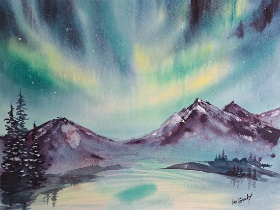 Aurora Borealis, Original Northern Lights Watercolor Landscape Painting