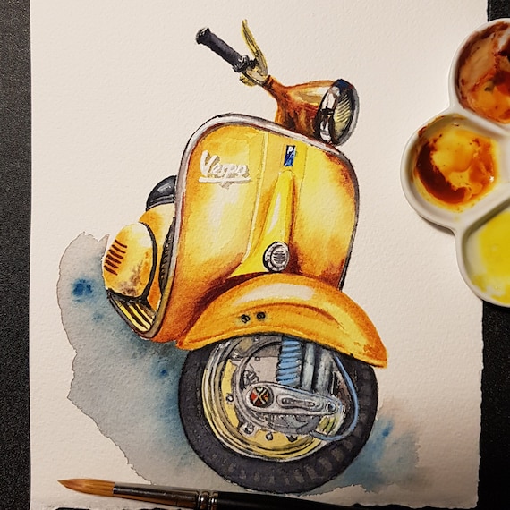 Urban Sketch Vespa scooter, Original Cityscape Painting, Children room decor Yellow Vespa by Ira Gorky