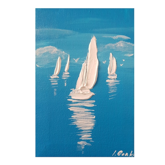 Original Abstract Sailboat Painting on Canvas, Impasto Painting, Original Sailboat Wall Art, Marine Boats Painting