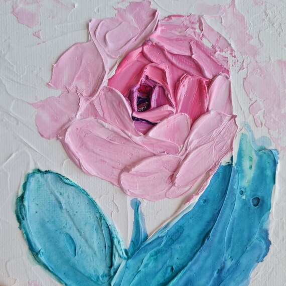 Abstract Textured Pink Roses Oil Painting, Small Floral artwork for Gift