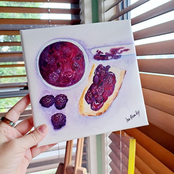 Blueberry Jam Toast Painting, Original Kitchen Still Life Art