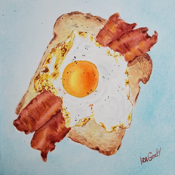 Bacon Fried Egg on Toast food still life painting on blue background, Fried Egg and Bacon breakfast art, canwas wall art by Ira Gorky