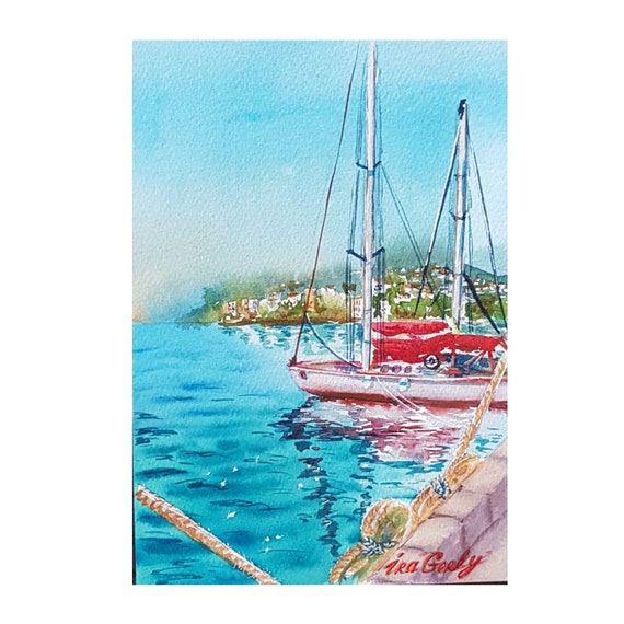 Yacht at the pier painting, Commission Watercolor Seascape painting, Sailboat at sunny say wall art by Ira Gorky