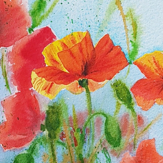 Original Floral painting POPPY FLOWERS, Small watercolor 5" x 7" (A5)