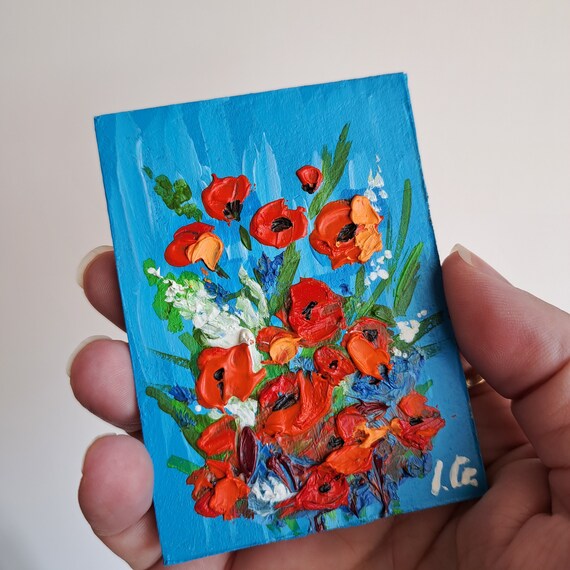 ACEO original card, RED POPPY flowers Impasto oil painting 3.5x2.5 inch, Collectable floral art,Textured Palette knife painting by Ira Gorky