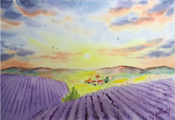 Lavender Field Painting Provence Watercolor Meadow Art Floral Landscape Wildflowers Wall Art by Ira Gorky