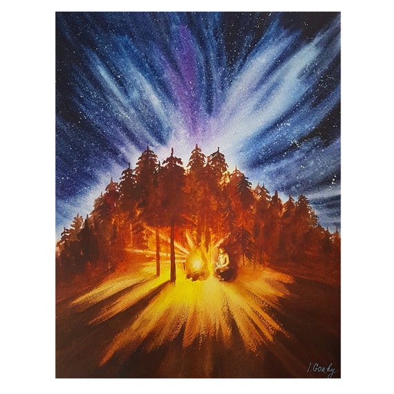 CAMPING BONFIRE - 12 x 16 inch campfire and night sky landscape