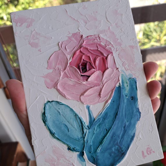 Pink Rose Textured Oil Painting, Small Impasto Floral Artwork (5x7 in)