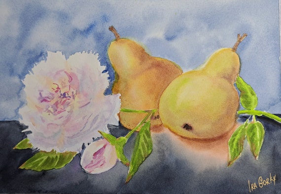 Peony flower Pears Fruit - 10" by 7" - Original still life painting