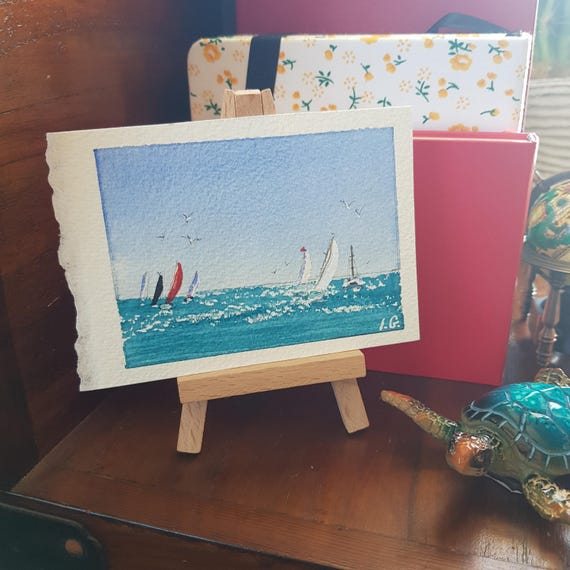 Yacht Regatta Watercolor Painting: Miniature Sailboat Art ACEO 3.5"x2.5"