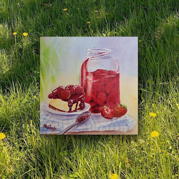 Strawberry Jam Cheesecake painting, Summer beach picnic art Gifts for chefs, Still life American food, Kitchen wall