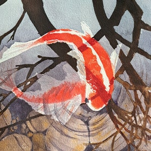 Koi Fish Original Watercolor Painting, Koi Fish Wall Artwork, Underwater landscape painting by Ira Gorky