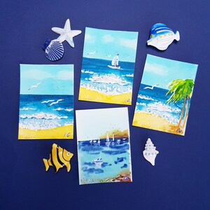 ACEO originele kaart jacht miniatuur schilderij 3,5 x 2,5 inch mini oceaanzicht zeiljacht zeemeeuw zeegezicht door Ira Gorky