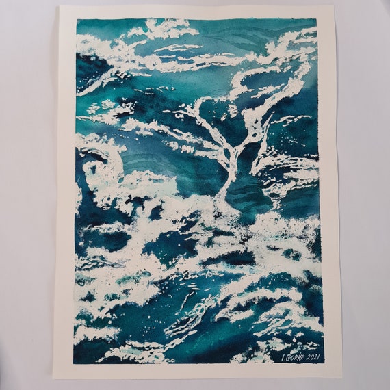 Realistic water Sea foam art, Watercolor seascape painting, Minimal ocean art, Ocean painting by Australian artist Ira Gorky